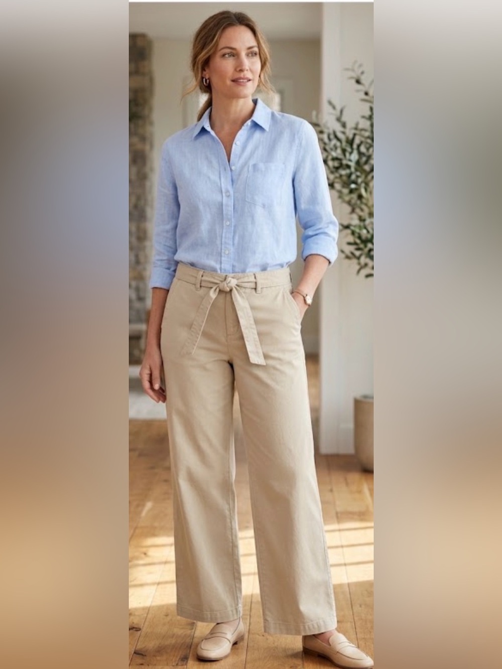St. John’s Bay Belted Wide Leg Chino Pants Beige Khaki Preppy Casual Size 12